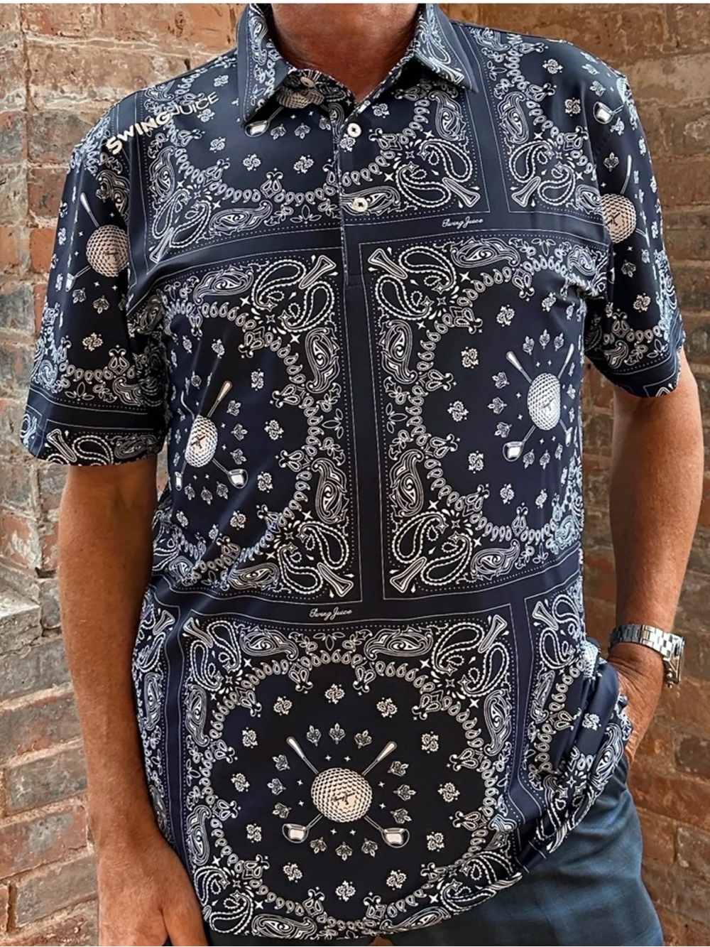 Swing Juice Men's Navy Bandana Print Short Sleeve golf Shirt, navy, sz s, nwt
